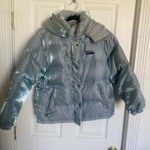 First Down Metallic Silver Puffer Jacket
